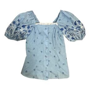 Karman vintage chambray paisley pattern balloon sleeves lace boho top size 9/10